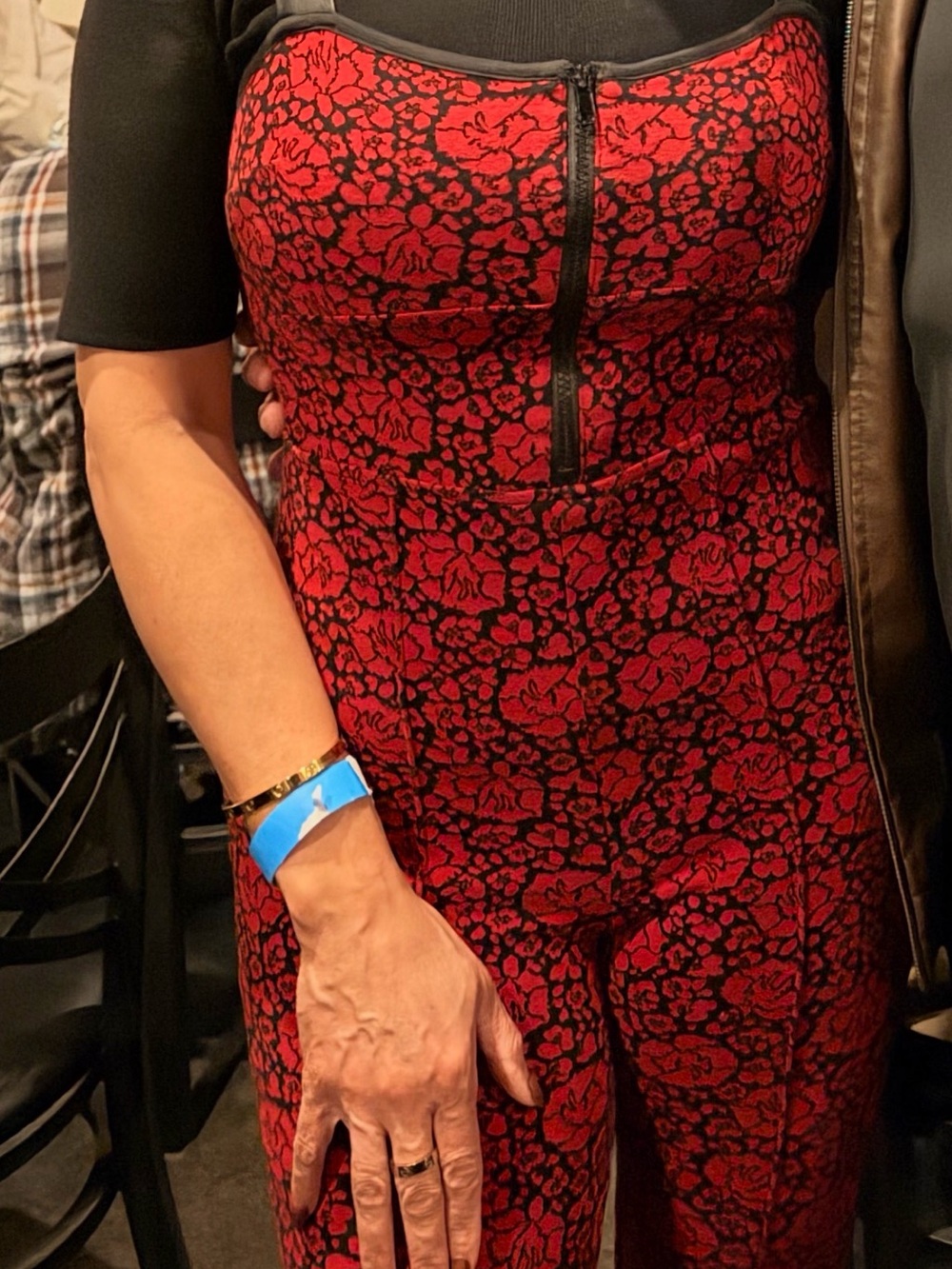 Red and Black Floral Zip-Front Jumpsuit